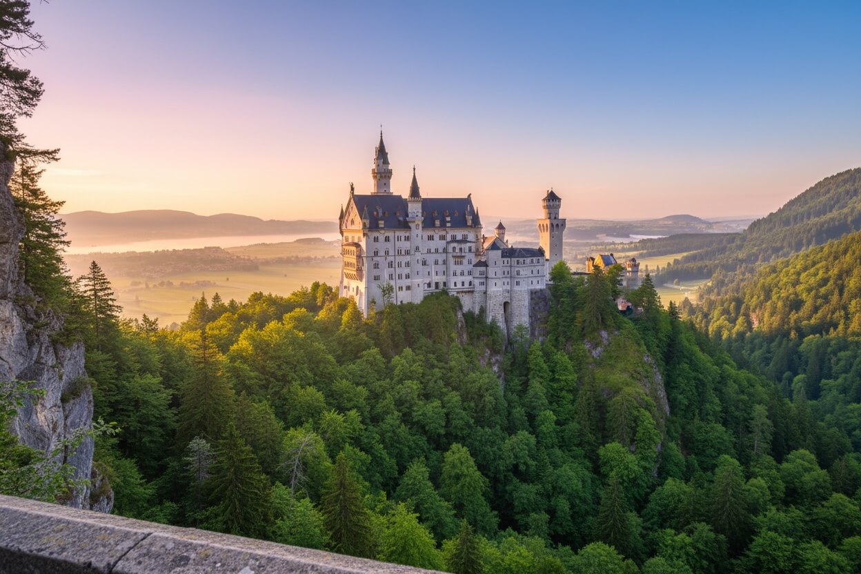 Widok na Zamek Neuschwanstein z Mostu Marii